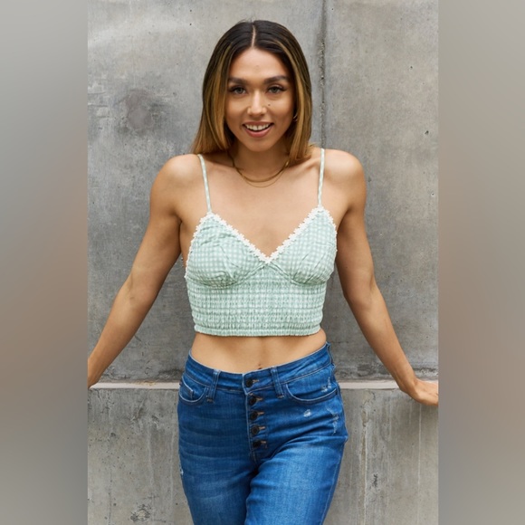 Gingham Daisy Trim Smocked Bustier in Sage - Picture 1 of 3